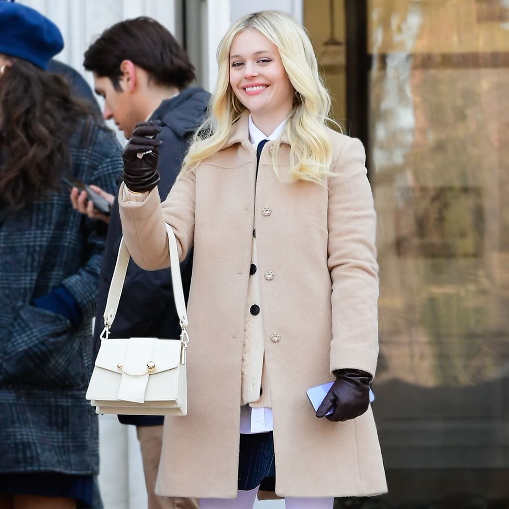 Emily Alyn Lind 'Gossip Girl' TV show on set filming, New York, USA - 01 Mar 2022. Wearing Strathberry.