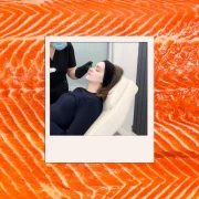 A close-up of a skincare treatment at The Secret in Govan, Glasgow, showcasing the application of the viral salmon sperm facial with Dr. Kaly Gaff. The treatment involves using polyneucleotides to enhance skin health, targeting acne scars, fine lines, and pigmentation.