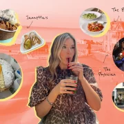 Kaye Dinsley drinking a cocktail, surrounded by images of her favourite food and drink spots in St Andrews, including Palompo's, The Physician, The Bridge, Spoiled Life, and Jannetta’s Gelateria.