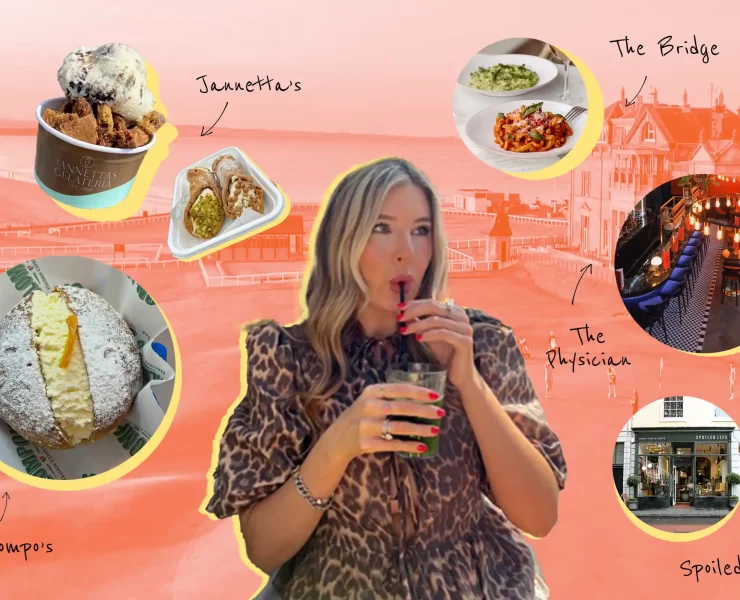 Kaye Dinsley drinking a cocktail, surrounded by images of her favourite food and drink spots in St Andrews, including Palompo's, The Physician, The Bridge, Spoiled Life, and Jannetta’s Gelateria.