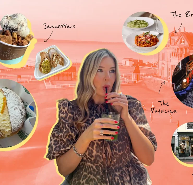 Kaye Dinsley drinking a cocktail, surrounded by images of her favourite food and drink spots in St Andrews, including Palompo's, The Physician, The Bridge, Spoiled Life, and Jannetta’s Gelateria.