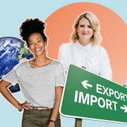 Illustration of two women in business with global export themes, including a globe, an 'export/import' sign, and a bright colour backdrop.