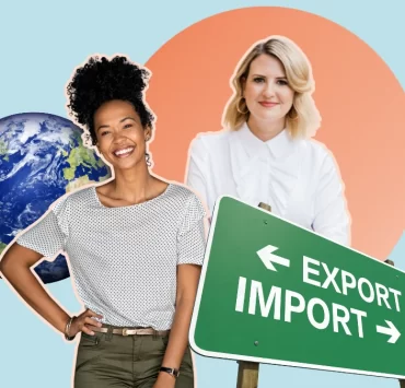 Illustration of two women in business with global export themes, including a globe, an 'export/import' sign, and a bright colour backdrop.