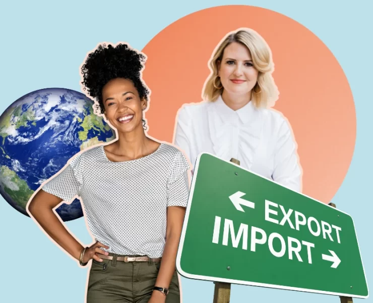 Illustration of two women in business with global export themes, including a globe, an 'export/import' sign, and a bright colour backdrop.