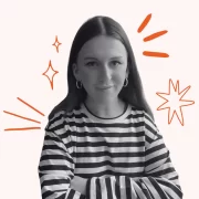 Olivia McGauley, founder of OI Agency, wearing a striped top and smiling with graphic starburst elements in the background.