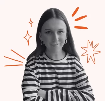 Olivia McGauley, founder of OI Agency, wearing a striped top and smiling with graphic starburst elements in the background.