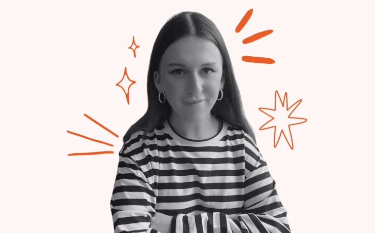 Olivia McGauley, founder of OI Agency, wearing a striped top and smiling with graphic starburst elements in the background.