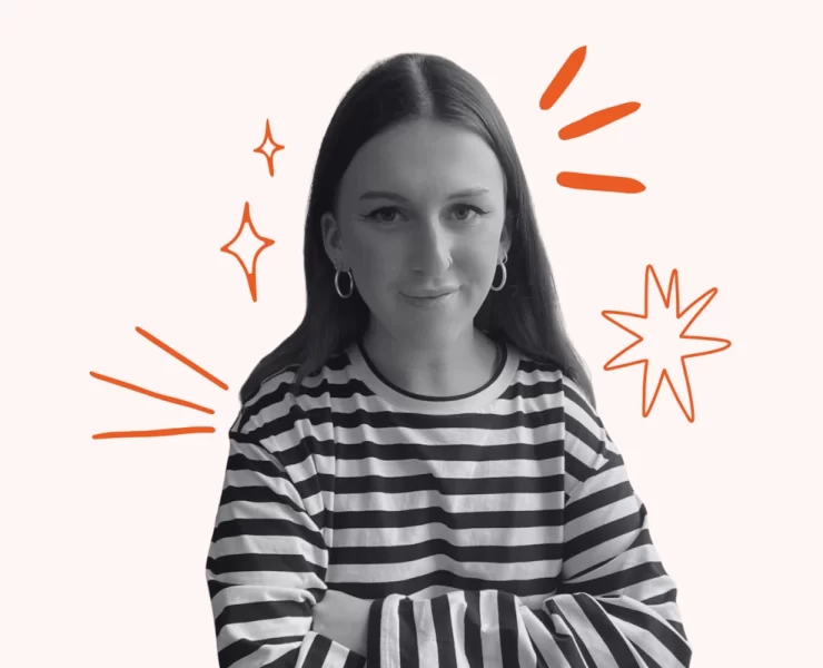 Olivia McGauley, founder of OI Agency, wearing a striped top and smiling with graphic starburst elements in the background.