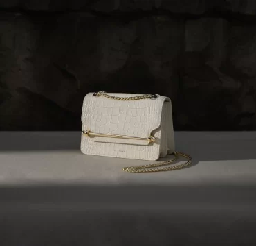 White croc-embossed Strathberry handbag with gold chain strap, part of the 2025 Edinburgh sample sale selection.