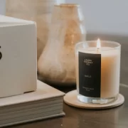 Lit 'Wave' candle by Laura Thomas Co. sits on a coaster next to ceramic vases and a branded LT.CO box.