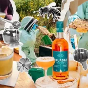 Collage of Bruadar whisky bottles, honey-themed cocktails, and beekeepers harvesting honey at Aberargie Distillery, featuring torn paper textures and halftone honey-themed graphics.