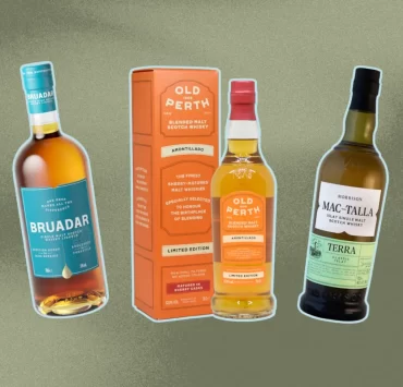 Bottles of Bruadar, Old Perth Amontillado, and Mac-Talla Terra whisky on green background
