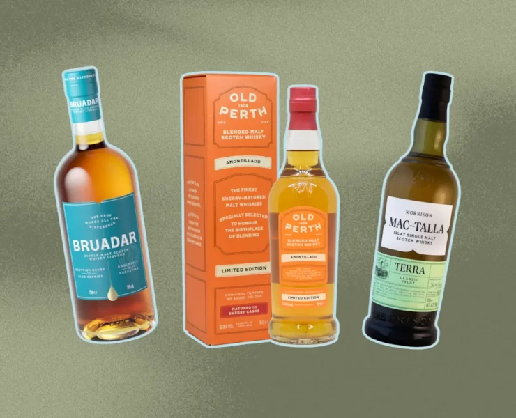 Bottles of Bruadar, Old Perth Amontillado, and Mac-Talla Terra whisky on green background