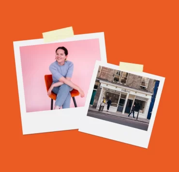 Polaroid-style collage featuring Ciara Gigleux, female entrepreneur and founder of maeve Pilates studio in Edinburgh, alongside the exterior of the maeve Pilates studio in Leith.