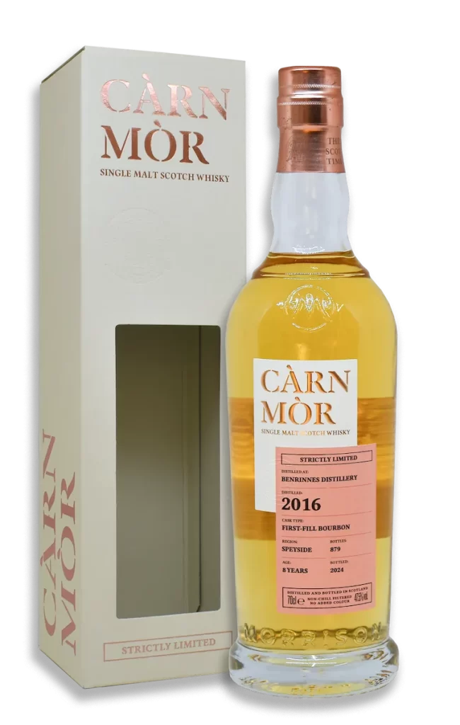 Bottle and box of Càrn Mòr Benrinnes 2016 single malt Scotch whisky