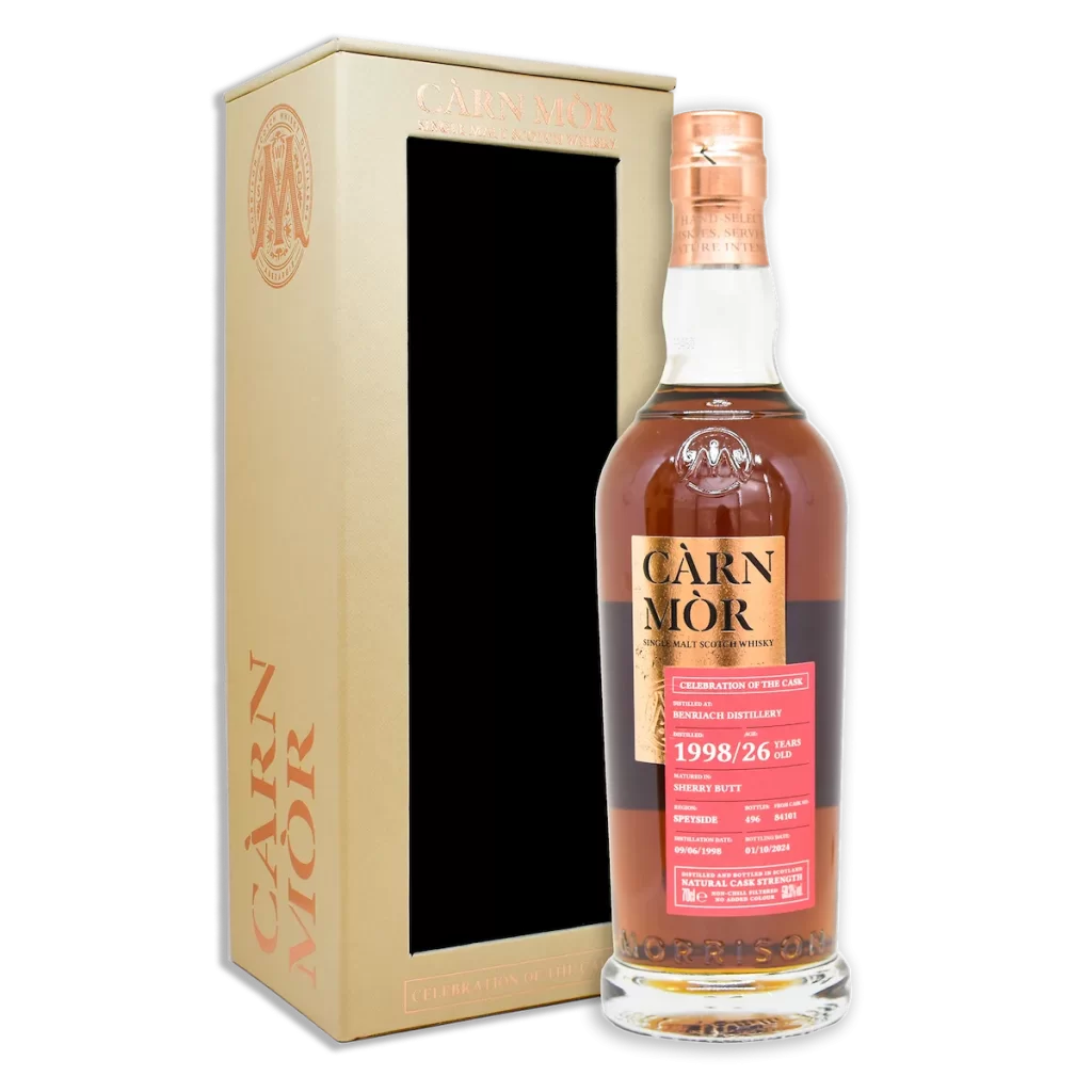 Càrn Mòr Benriach 1998 26-year-old single malt whisky bottle and box