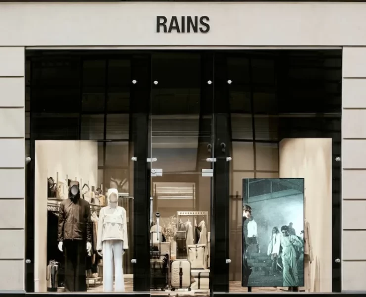 Exterior of the Rains store on Ingram Street, Glasgow, with modern window displays and mannequins in rainwear.