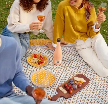 Three people enjoying rosé wine and a fresh picnic with yellow plates, a grazing board, and a 'Let's Picnic' bottle on a patterned blanket outdoors.
