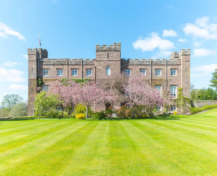 Wide shot of Scone Palace with pink cherry trees and striped green lawn under a clear blue Scottish sky