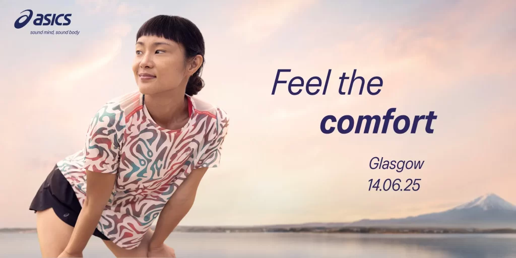 Official campaign image for ASICS Comfort Tour Glasgow 2025, taking place on Argyle Street on 14 June, part of the brand’s UK tour for runners