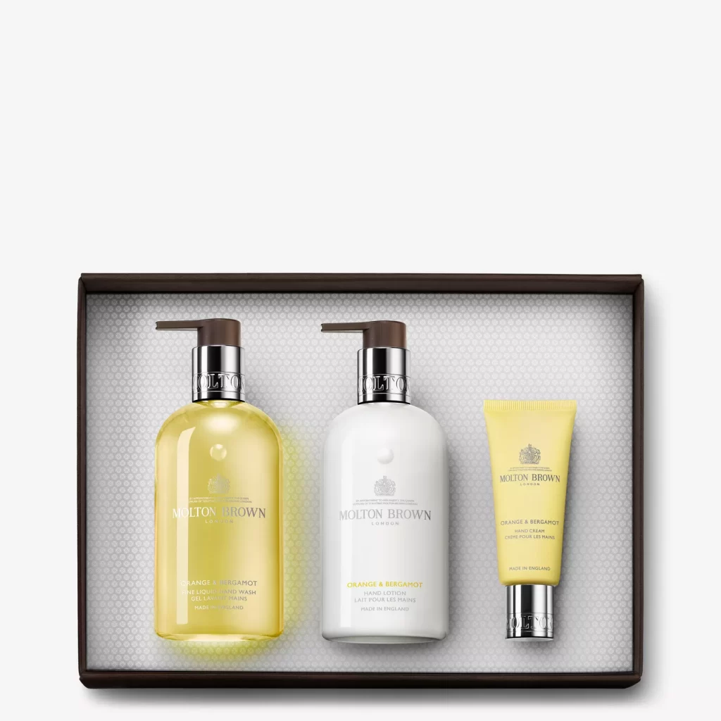 Three-piece Molton Brown Orange & Bergamot hand care gift set in boxed packaging.