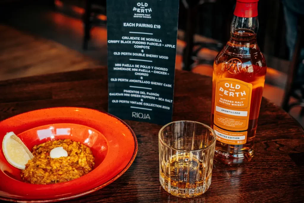 Old Perth whisky with mini paella and pairing menu at Rioja restaurant in Glasgow.