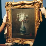 A framed painting of a vase of flowers by Jean-Baptiste Siméon Chardin being carefully rehung at the National Galleries Scotland after its feature in Dior’s SS26 menswear show.
