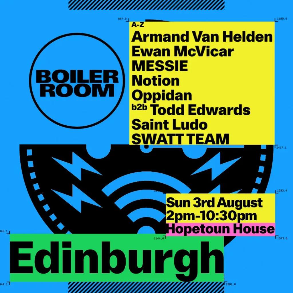 Brightly coloured Boiler Room event poster showing the Sunday 3 August 2025 line-up including Armand Van Helden, Ewan McVicar, and others.