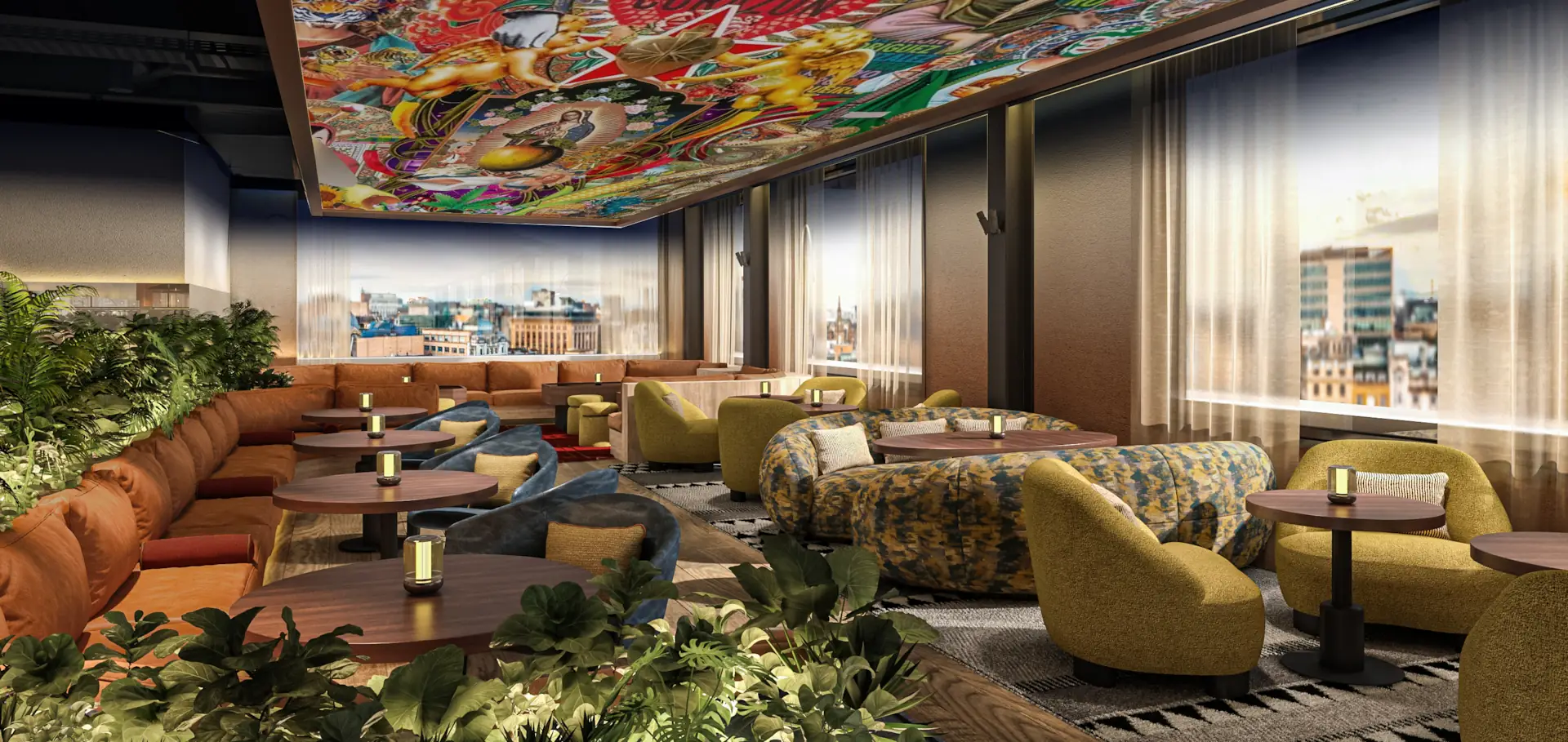 Indoor rooftop lounge with city views at SíSí Glasgow, featuring patterned sofas and soft lighting