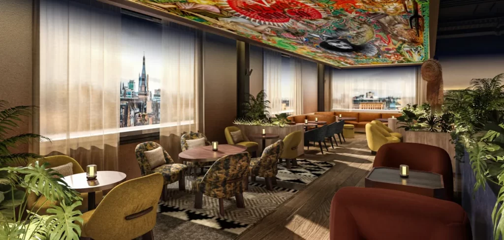 Warm-toned rooftop lounge at SíSí Glasgow with ambient lighting and views of the city