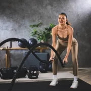 Woman training with Aldi Crane 12m battle ropes at home gym.