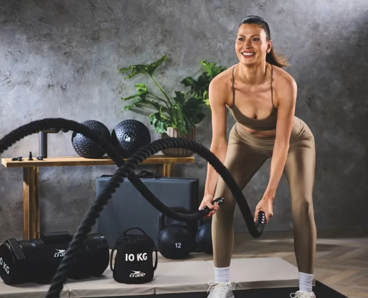Woman training with Aldi Crane 12m battle ropes at home gym.