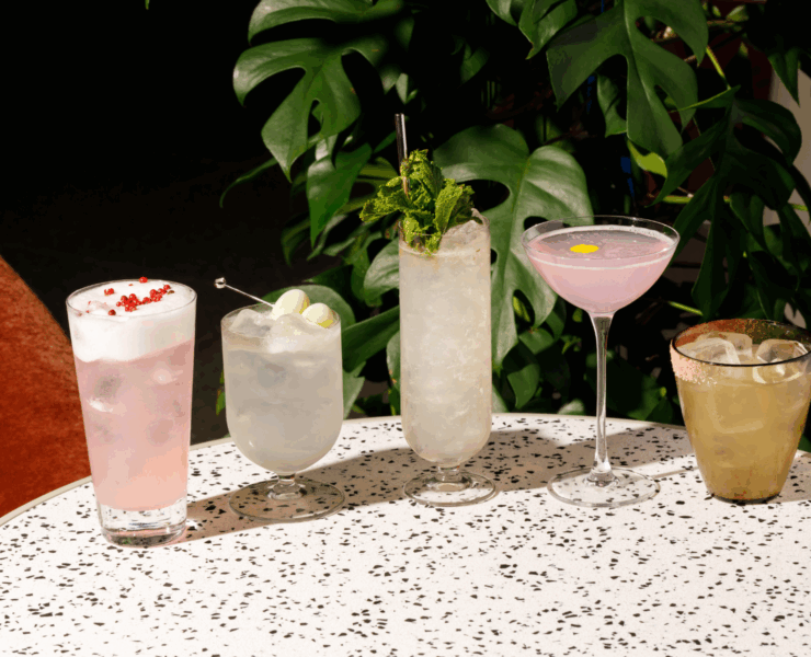 Five cocktails in different glasses on a terrazzo table, including a pink spritz, a short glass with melon garnish, a tall mojito-style drink, a pink martini and a golden cocktail rimmed with spice.