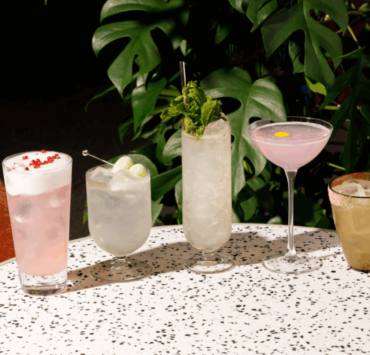 Five cocktails in different glasses on a terrazzo table, including a pink spritz, a short glass with melon garnish, a tall mojito-style drink, a pink martini and a golden cocktail rimmed with spice.