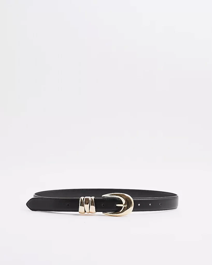 Black leather belt from River Island featuring a statement gold buckle and double belt loops.