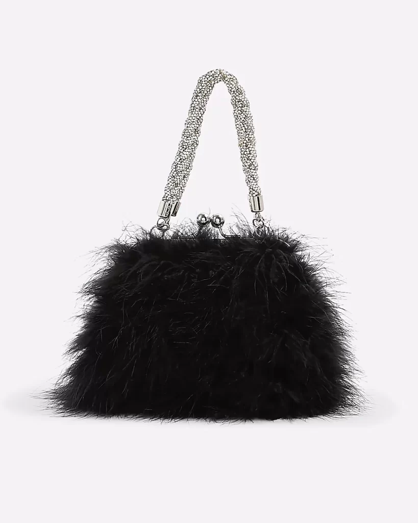 Black feather bag from River Island with a sparkly beaded handle and kiss-lock clasp, ideal for evening looks.