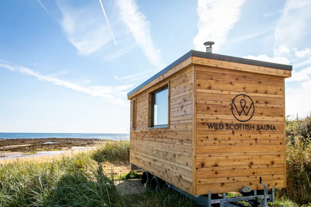 Wooden Wild Scottish Sauna cabin by the beach in Scotland.