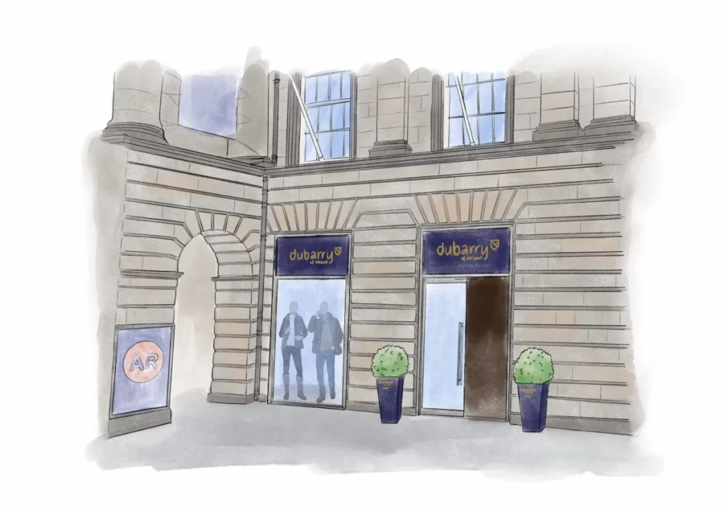 Hand-drawn illustration of Dubarry of Ireland’s new Edinburgh store exterior, showing double shopfronts, stone archway and potted plants outside.