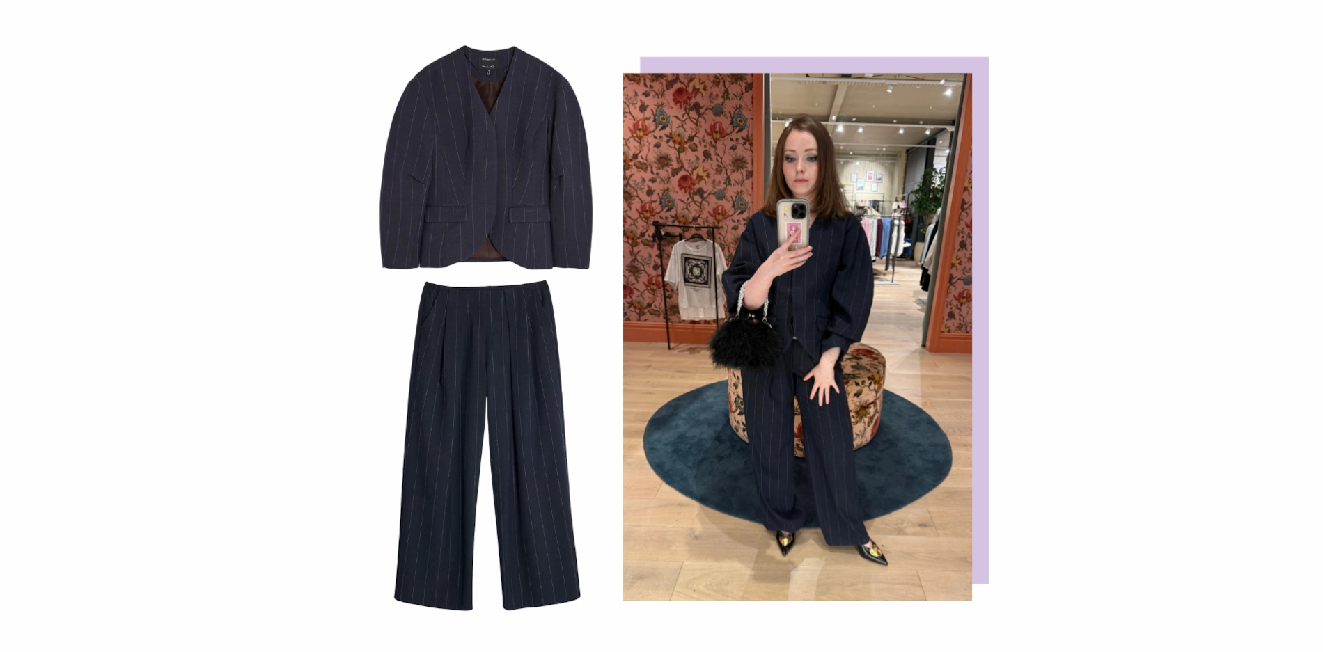 River Island navy pinstripe cocoon-sleeve blazer and matching low-waist trousers styled with pointed heels and a black feather bag, perfect for autumn layering.