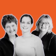 Portrait of Dr Joanne Hobson, Dr Wendy Knoops and Elaine Galston against an orange background – key speakers and founders behind Bettii Presents, Scotland’s first medically-led women’s health event in Glasgow.