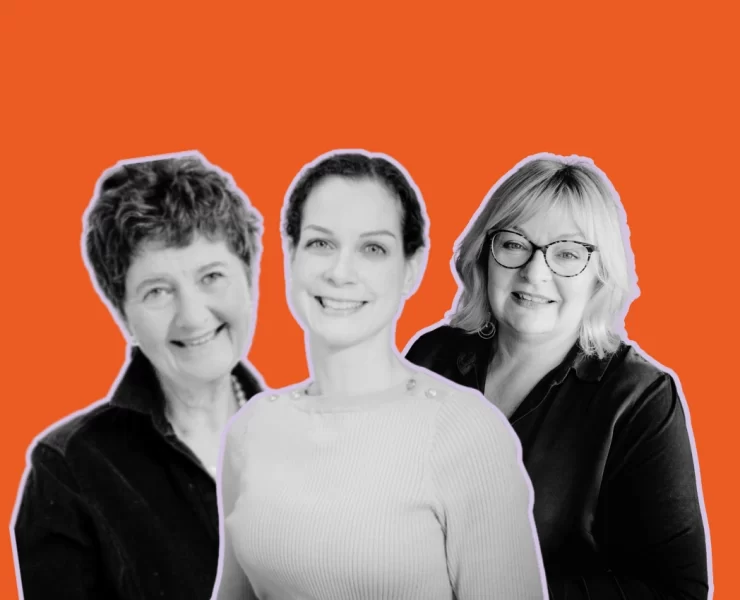 Portrait of Dr Joanne Hobson, Dr Wendy Knoops and Elaine Galston against an orange background – key speakers and founders behind Bettii Presents, Scotland’s first medically-led women’s health event in Glasgow.