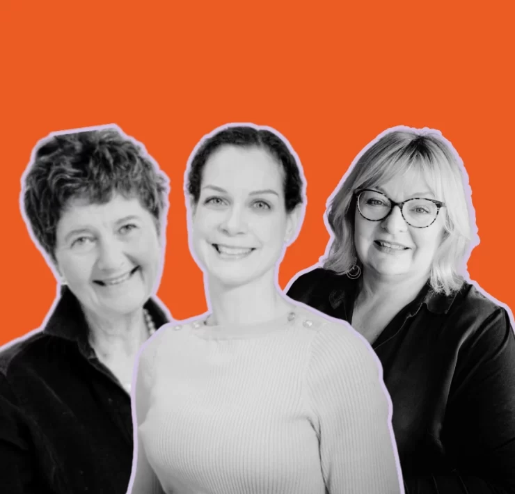 Portrait of Dr Joanne Hobson, Dr Wendy Knoops and Elaine Galston against an orange background – key speakers and founders behind Bettii Presents, Scotland’s first medically-led women’s health event in Glasgow.