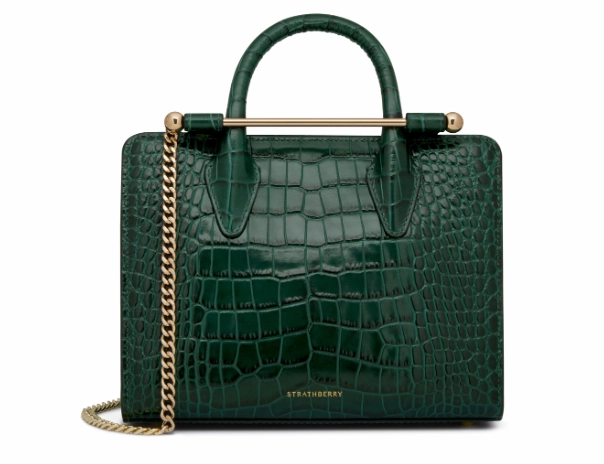 Strathberry Mini Tote bag in Bottle Green embossed croc leather with gold bar closure and chain strap.