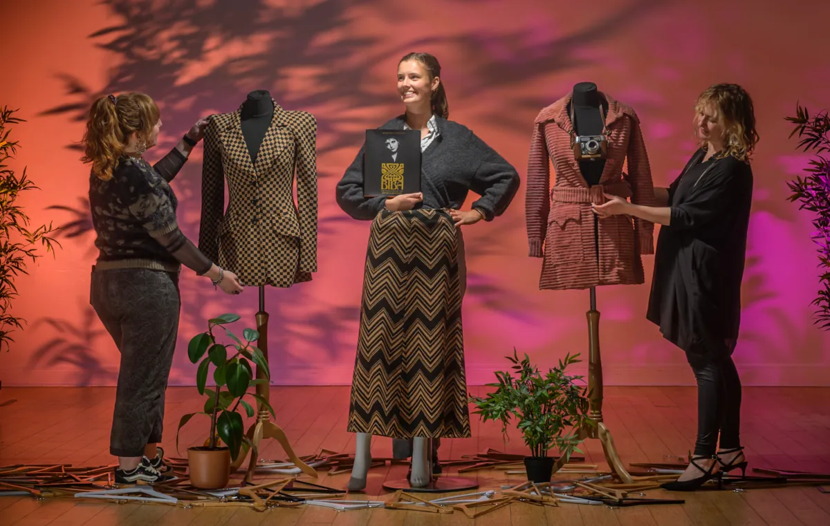 Exhibition team with Biba garments at Dovecot Studios Edinburgh, 2026