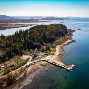 Aerial photograph of The Pierhouse Hotel and Seafood Restaurant in Port Appin, Argyll, surrounded by woodland and overlooking the blue waters of Loch Linnhe.
