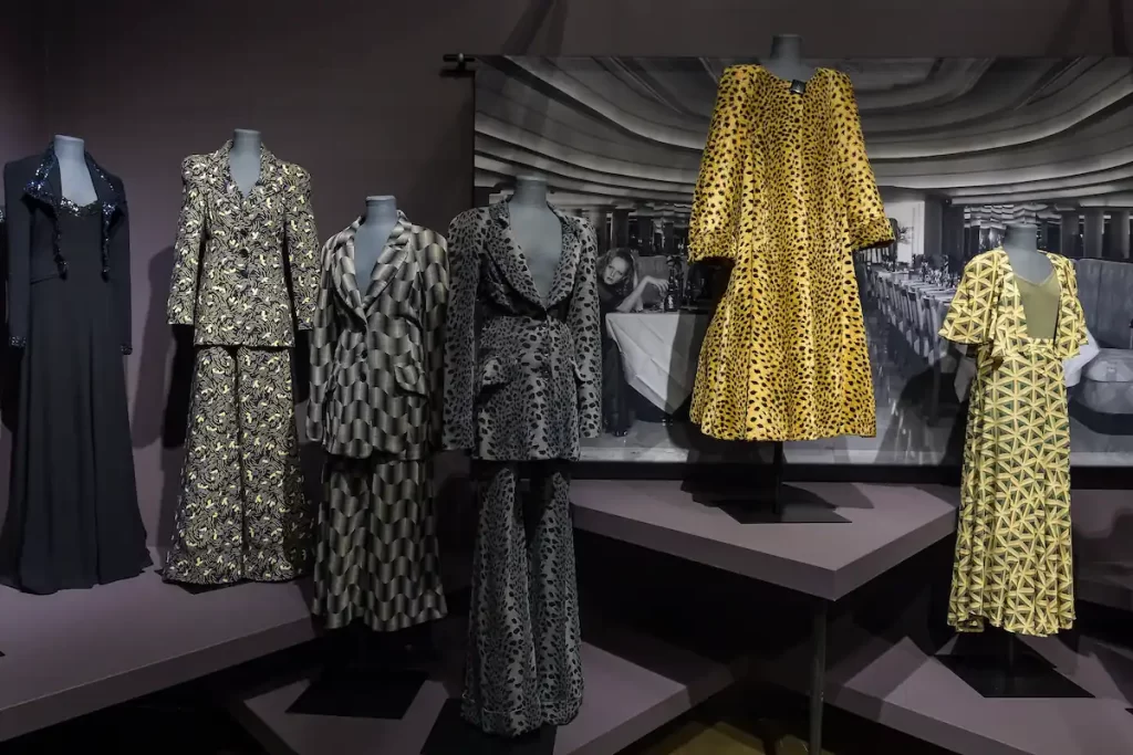 Display of vintage Biba suits and dresses at Dovecot Studios exhibition
