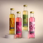 Four glass bottles of Highland Boundary Wild Botanical Syrups in vibrant packaging — Gorse, Honeysuckle, Scots Pine and Rosebay — photographed against a soft neutral background.