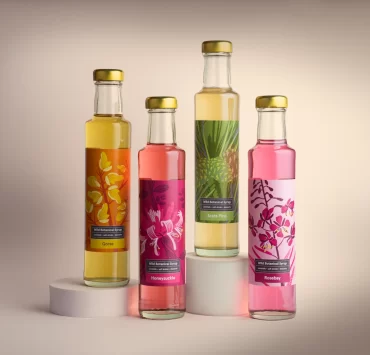 Four glass bottles of Highland Boundary Wild Botanical Syrups in vibrant packaging — Gorse, Honeysuckle, Scots Pine and Rosebay — photographed against a soft neutral background.