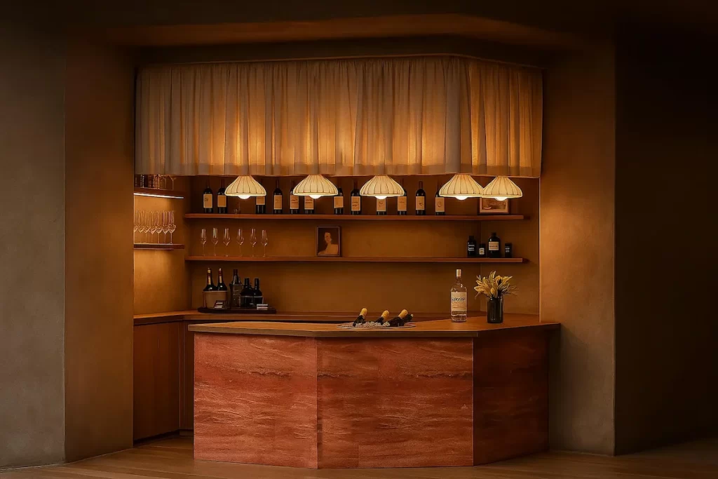 Warm-toned interior of Vinette & Vivien in Edinburgh with wine bottles and low-lit lamps.