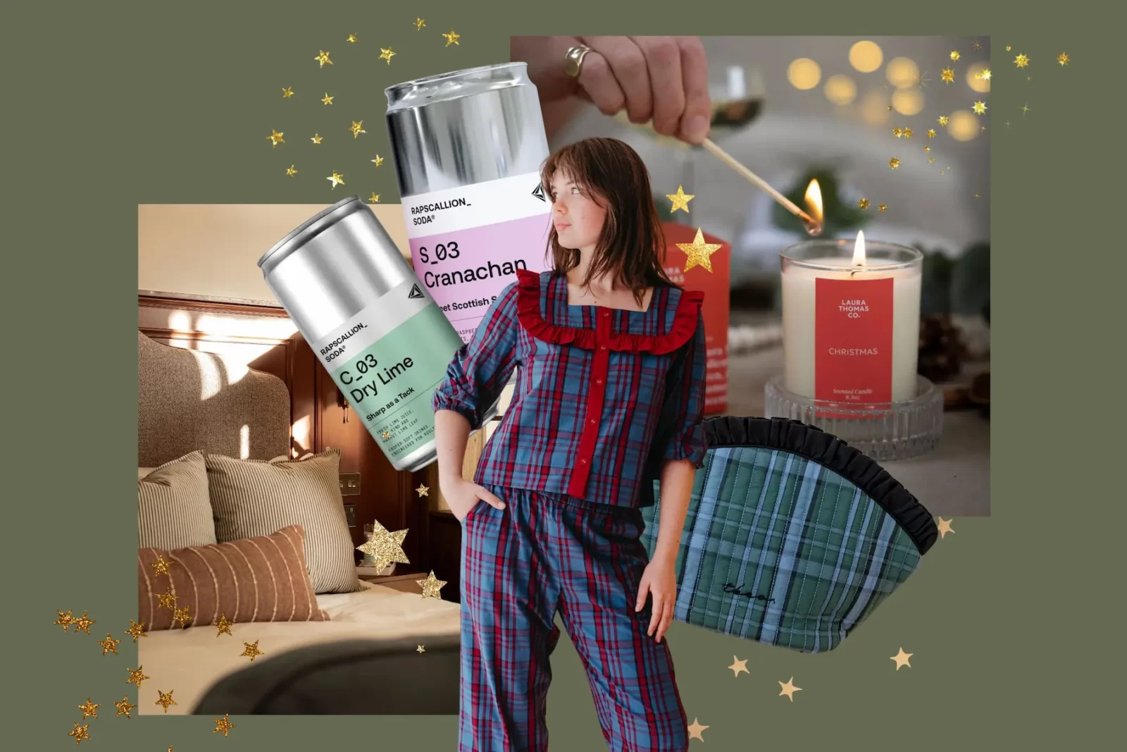 A festive collage showing a cosy Edinburgh bedroom, a woman wearing tartan pyjamas, Scottish candles, Rapscallion soda cans and a tartan wash bag, styled with gold stars for Quine Magazine’s Christmas giveaway.